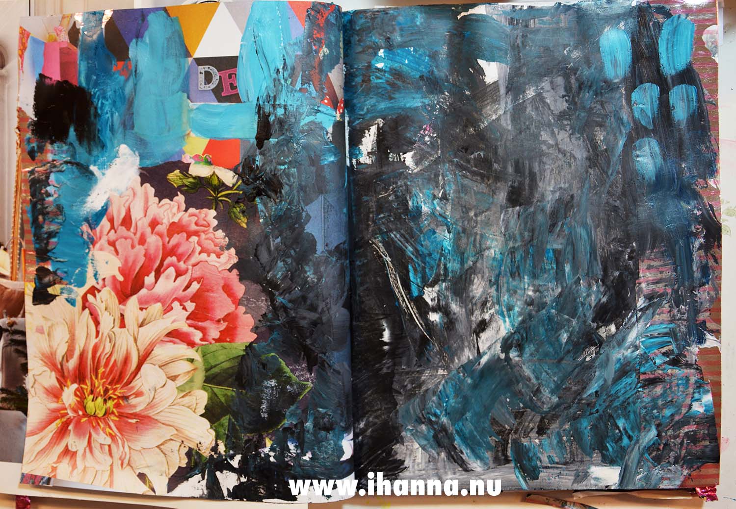 Prepped black and blue page in altered book by iHanna (Photo copyright Hanna Andersson)