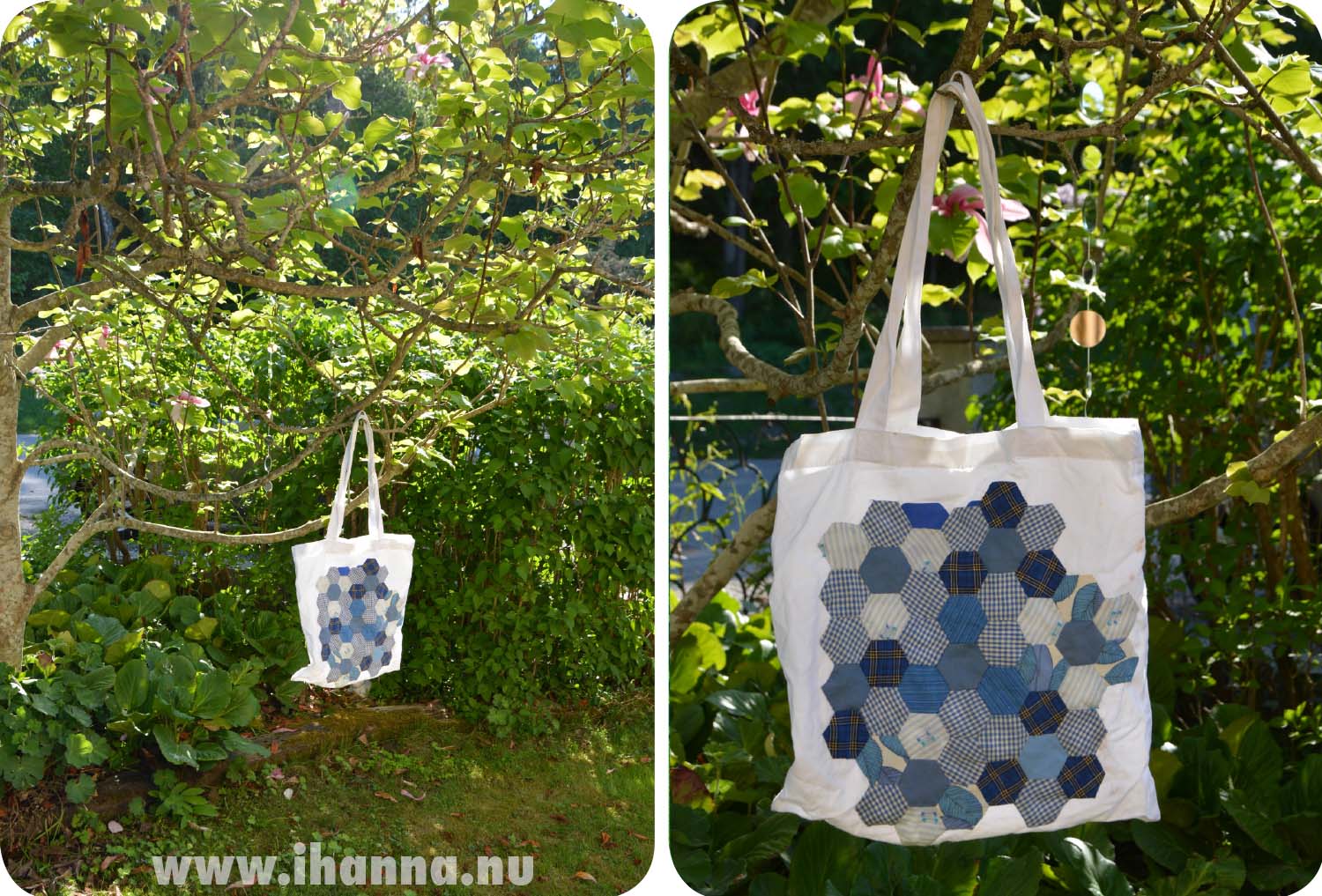 Blue English paper piecing hexagons as applique on a tote bag (Copyright Hanna Andersson)
