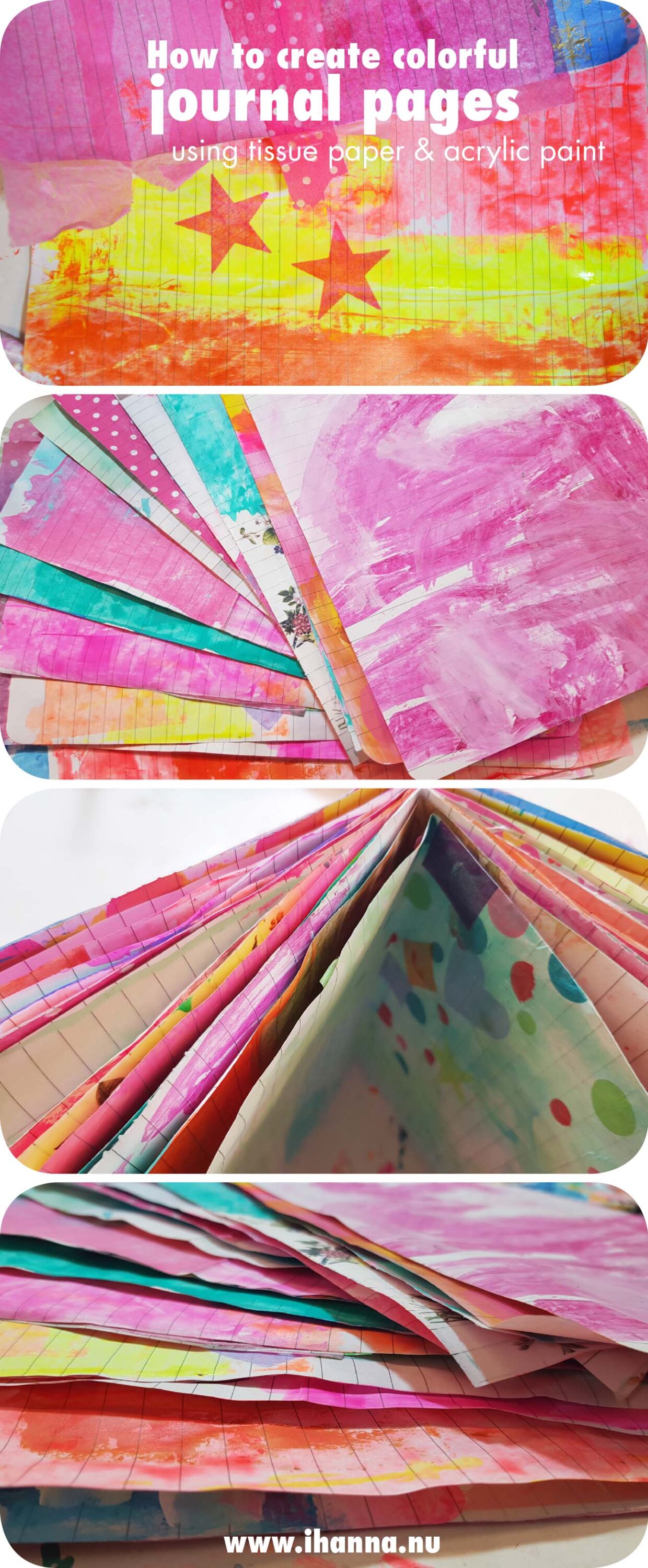 How to create colorful journal pages by using tissue paper and acrylic paint tutorial by iHanna (Copyright Hanna Andersson)