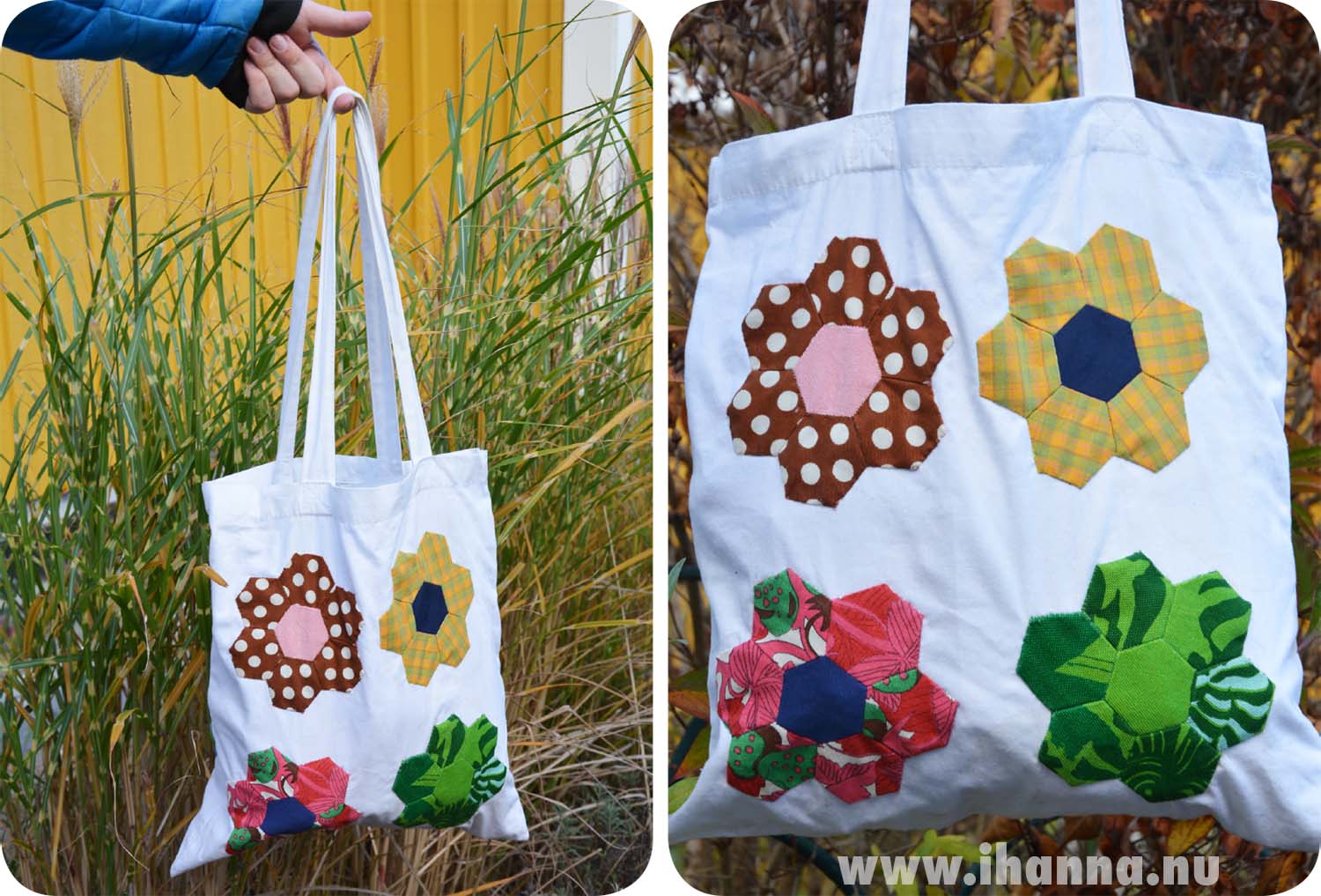 Hexagon flowers appliqued on a tote bag by iHanna (Copyright Hanna Andersson)