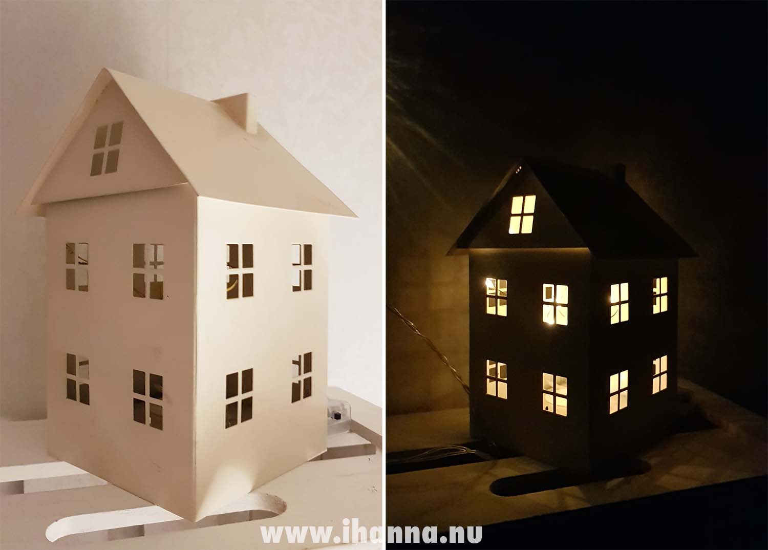 White metall house decoration and how it looks lit up in the dark (Photo copyright Hanna Andersson)