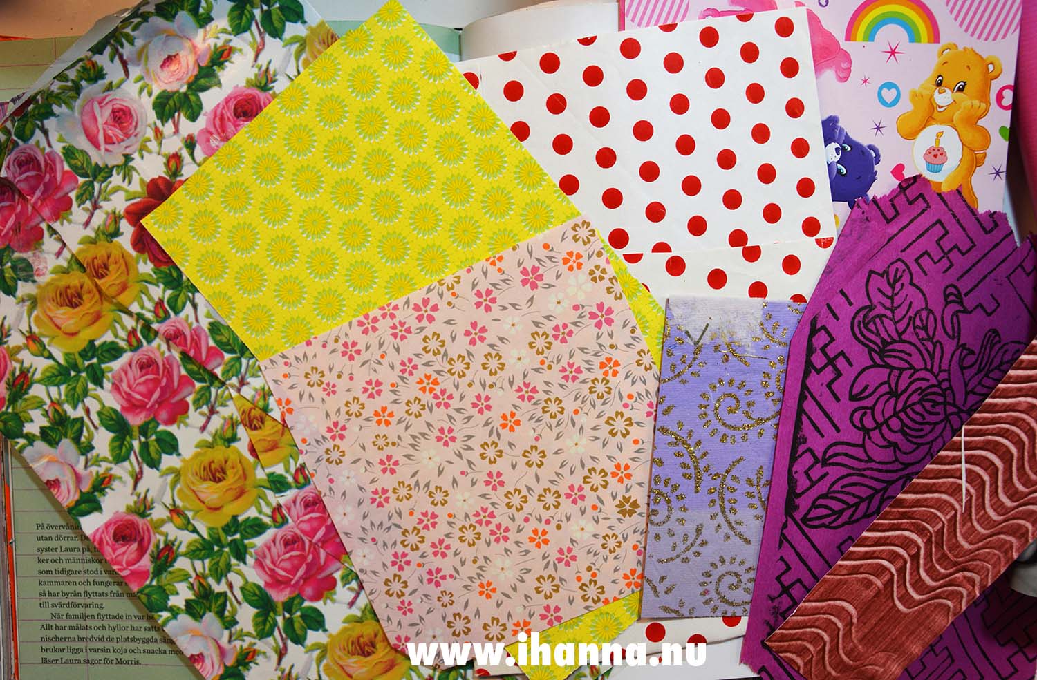 Some of the pretty papers I will use to prepare this altered book for its new life in this Free Mixed Media Workshop (Photo copyright Hanna Andersson)