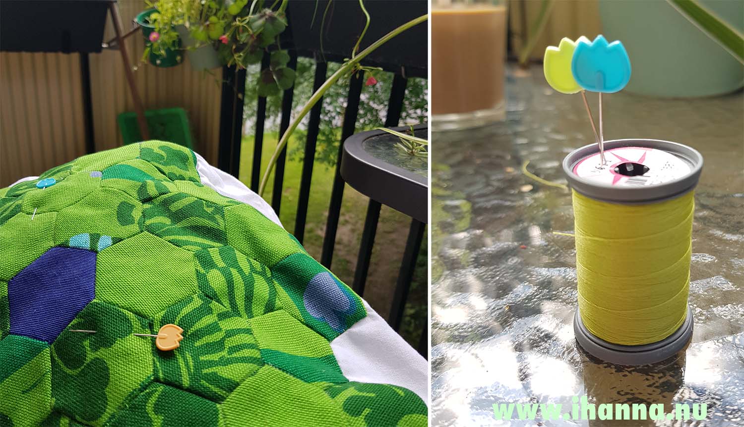 Working on hexagon applique on a tote bag on the balcony, by iHanna (Photo copyright Hanna Andersson)