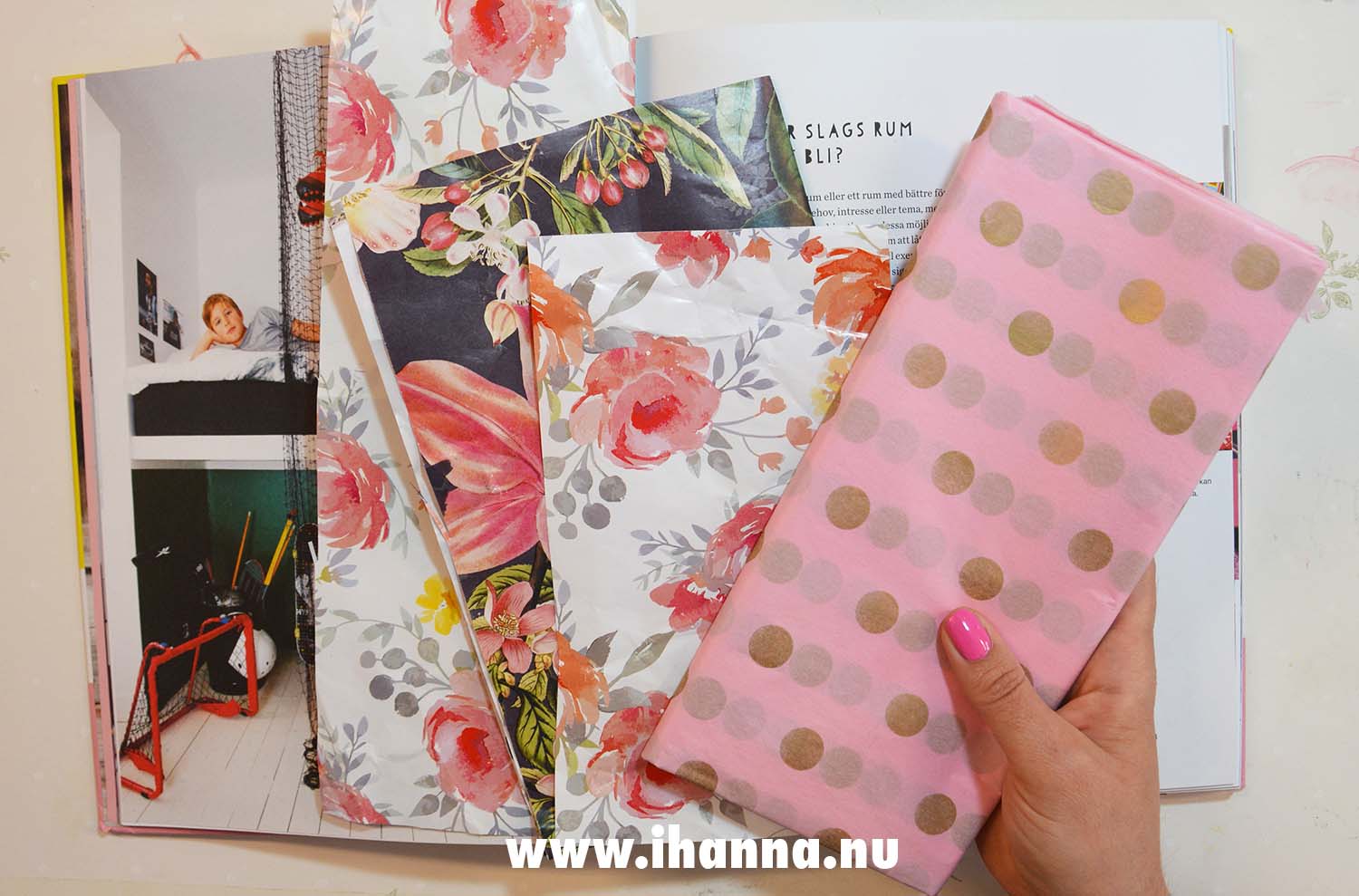 Wrapping paper and tissue papers are thin enough for altered books first layer (Photo copyright Hanna Andersson)