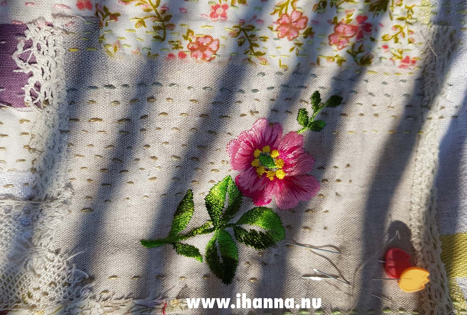 WIP embroidery in the sun w shadow streaks (Photo copyright Hanna Andersson)