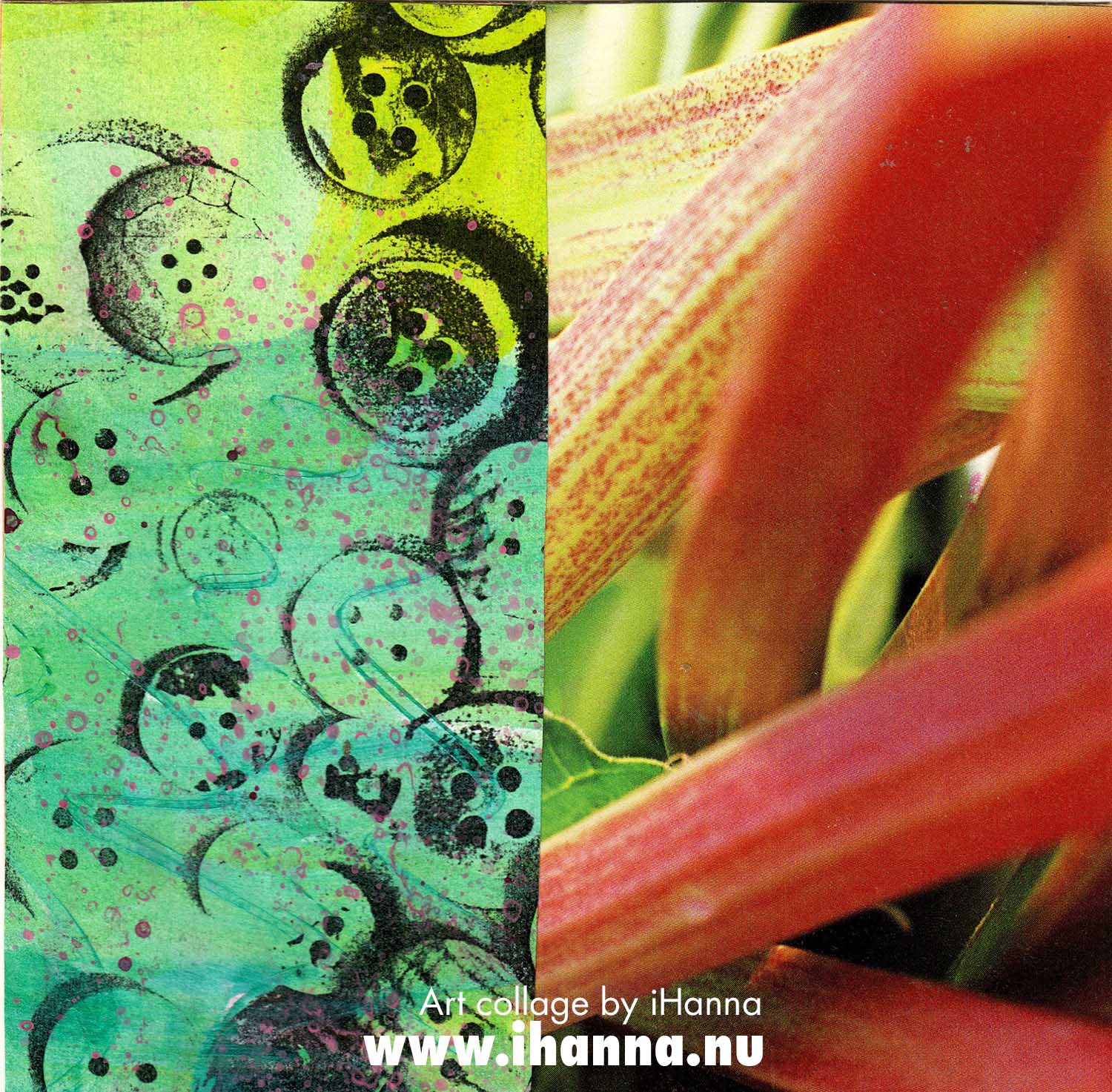 Week 3 of 365 collages in 2025, No 21 Rhubarbs and buttons, art collage made in 2025 by iHanna (Copyright Hanna Andersson)