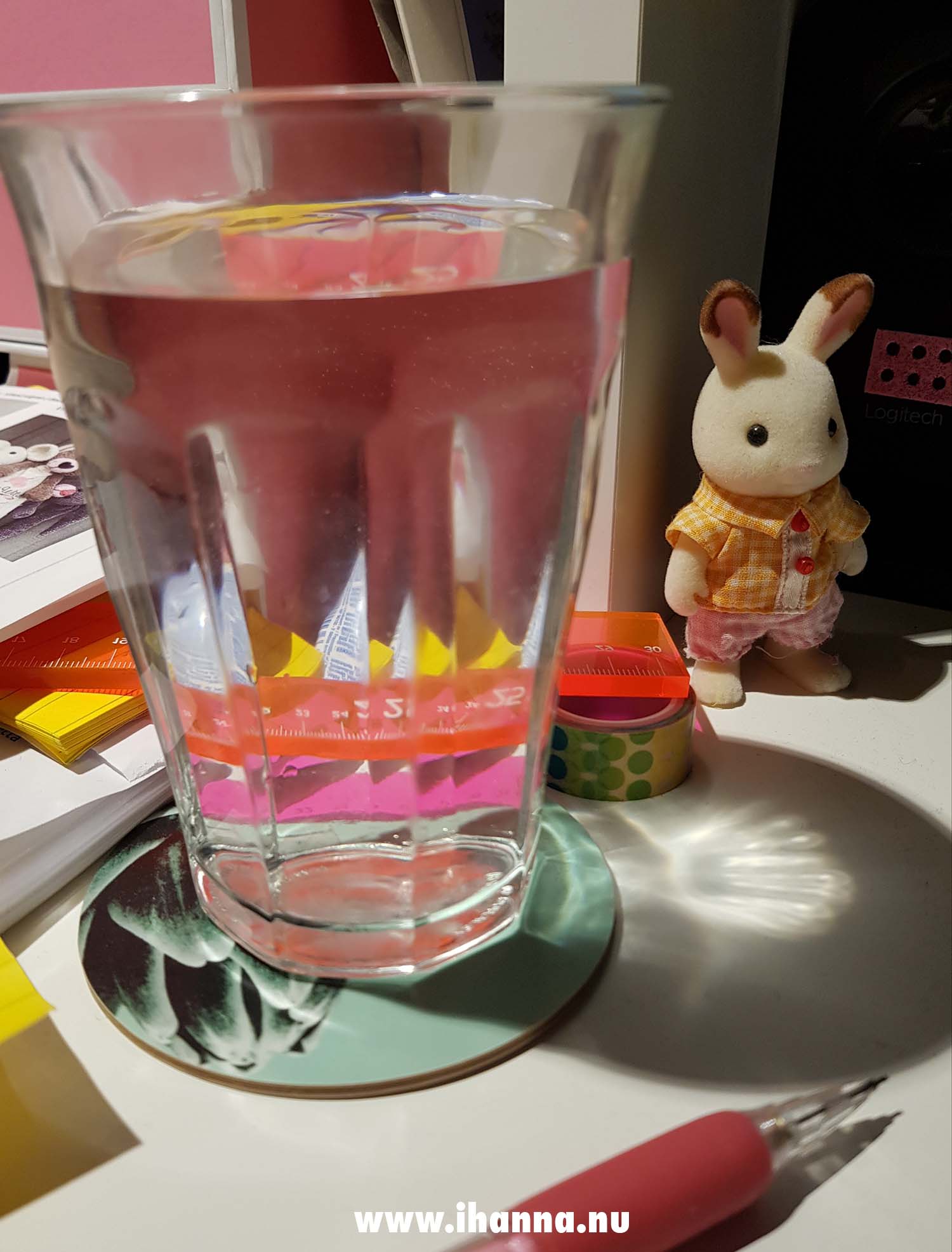 Glass of water on my desk with a Sylvanian family bunny and some other random stuff on my desk (Photo copyright H. Andersson)