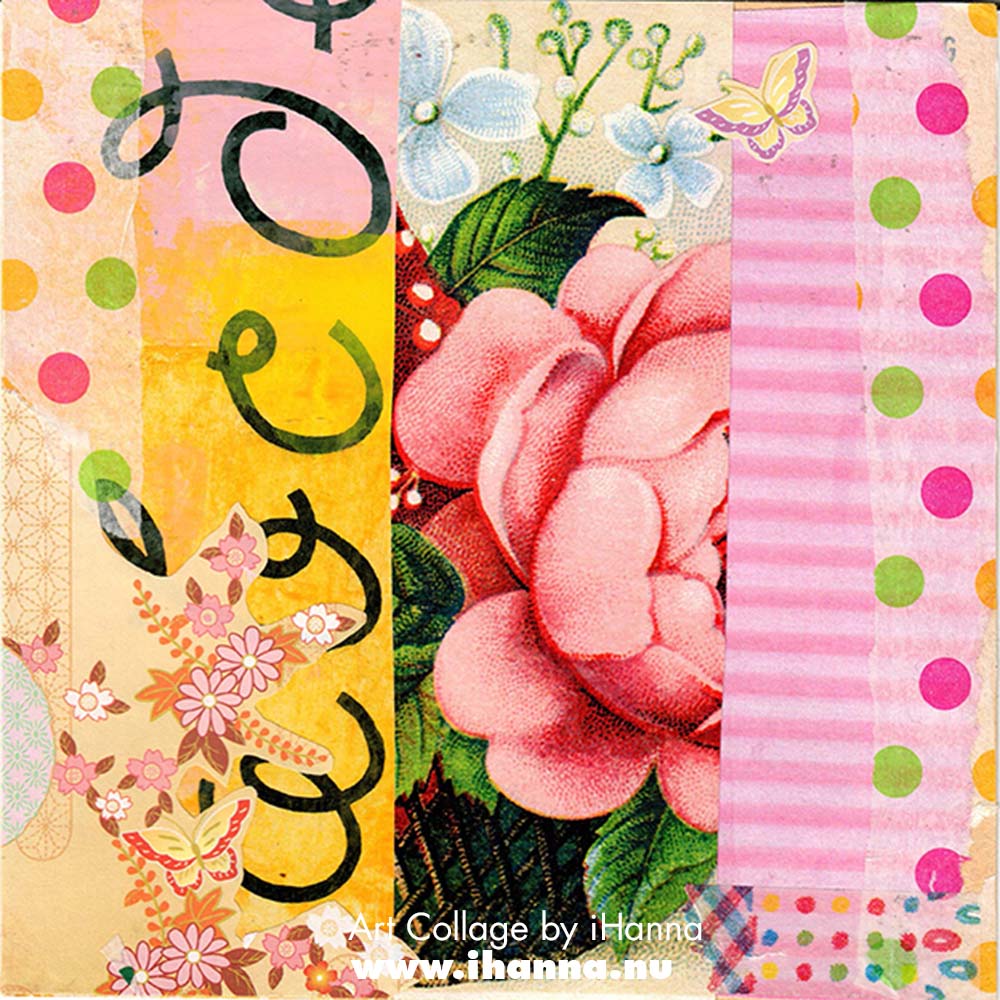 Square collage by iHanna with colorful patterned paper background and flowers for week 8 of the 365 collages 2025 (Copyright Hanna Andersson)