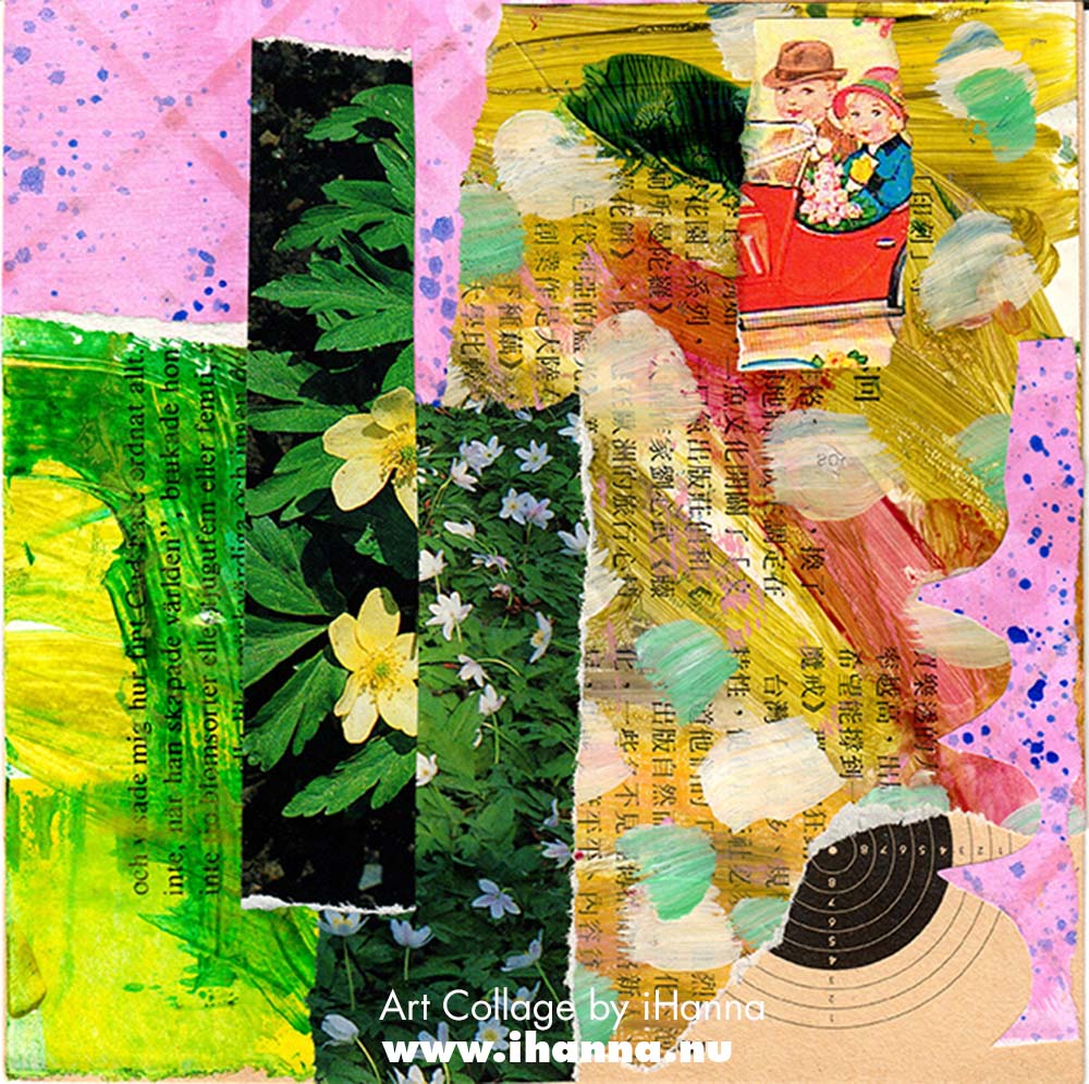 Square collage by iHanna with colorful patterned paper background and spring flowers for week 8 of the 365 collages 2025 (Copyright Hanna Andersson)