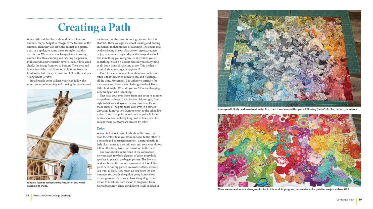 Spread in the textile art book Freestyle Color Collage Quilting: A Unique Method for Creating Bold Designs with Fabric Unlock the Secrets to Fabric Selection, Placement, and Stunning Color Combinations, for Quilters Paperback  by Carly Mul (book review by iHanna, 2025)