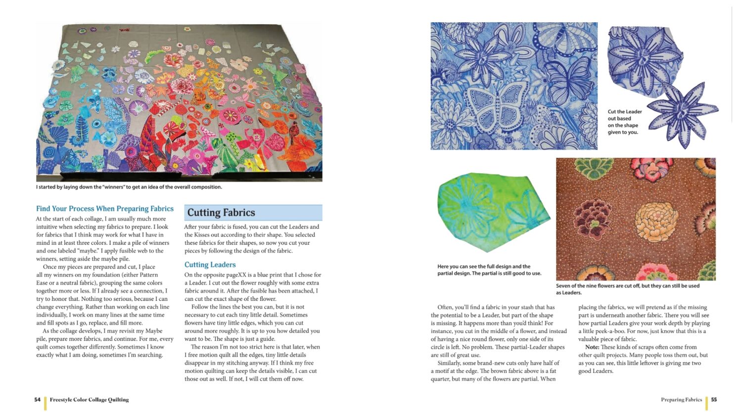 Spread in the textile art book Freestyle Color Collage Quilting: A Unique Method for Creating Bold Designs with Fabric Unlock the Secrets to Fabric Selection, Placement, and Stunning Color Combinations, for Quilters Paperback by Carly Mul (book review by iHanna, 2025)