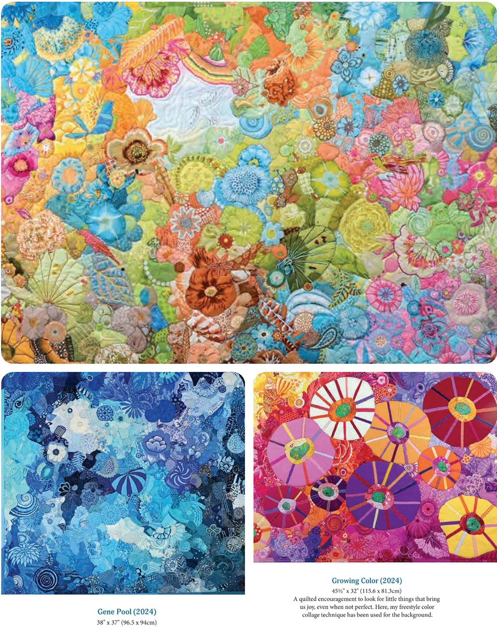 Three artwork / pages from the textile art book Freestyle Color Collage Quilting: A Unique Method for Creating Bold Designs with Fabric Unlock the Secrets to Fabric Selection, Placement, and Stunning Color Combinations by Carly Mul (book review by iHanna, 2025)