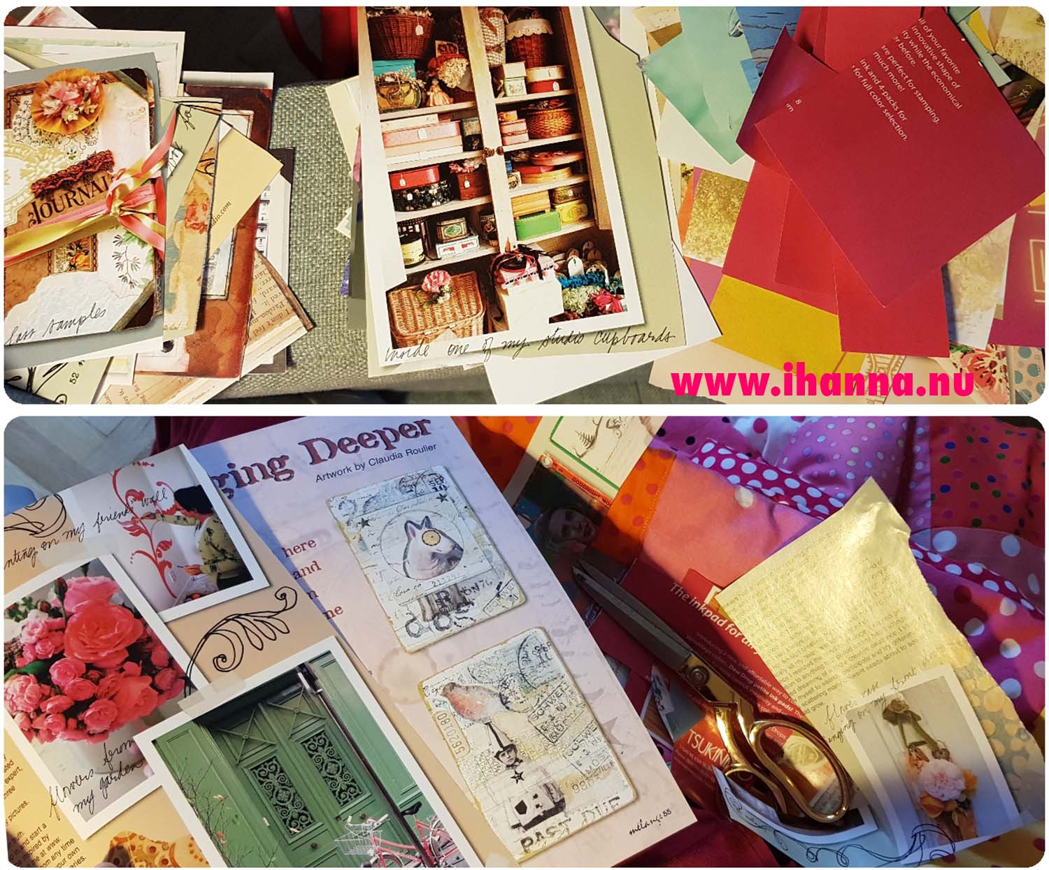 A pile of magazine clippings and a Somerset Studio magazine open in my lap as I cut out images at Studio iHanna (Photo copyright H. Andersson)