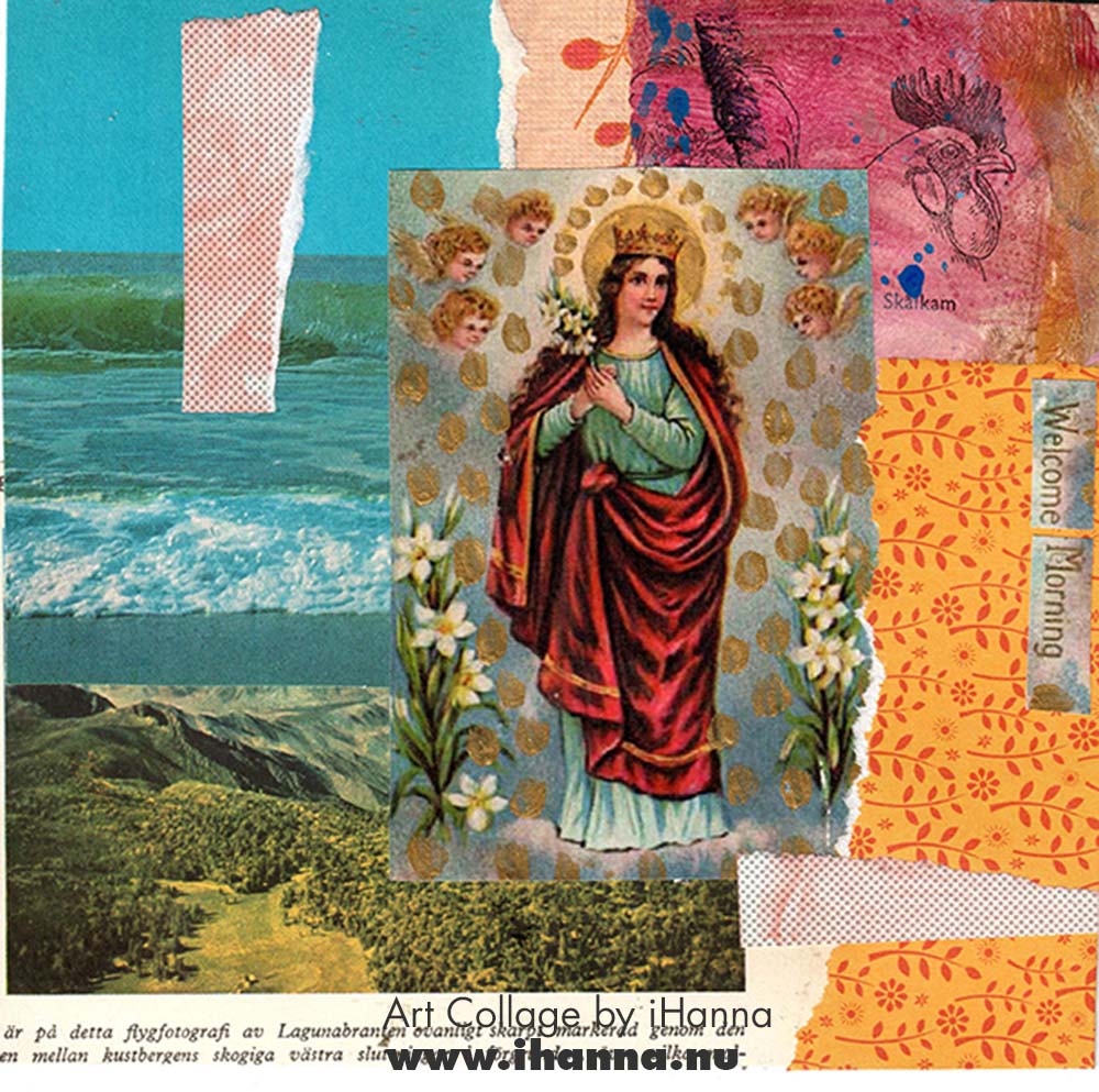 Square art collage with book page illustrations and patterned paper by iHanna for her series 365 collages in 2025 (Copyright H. Andersson)