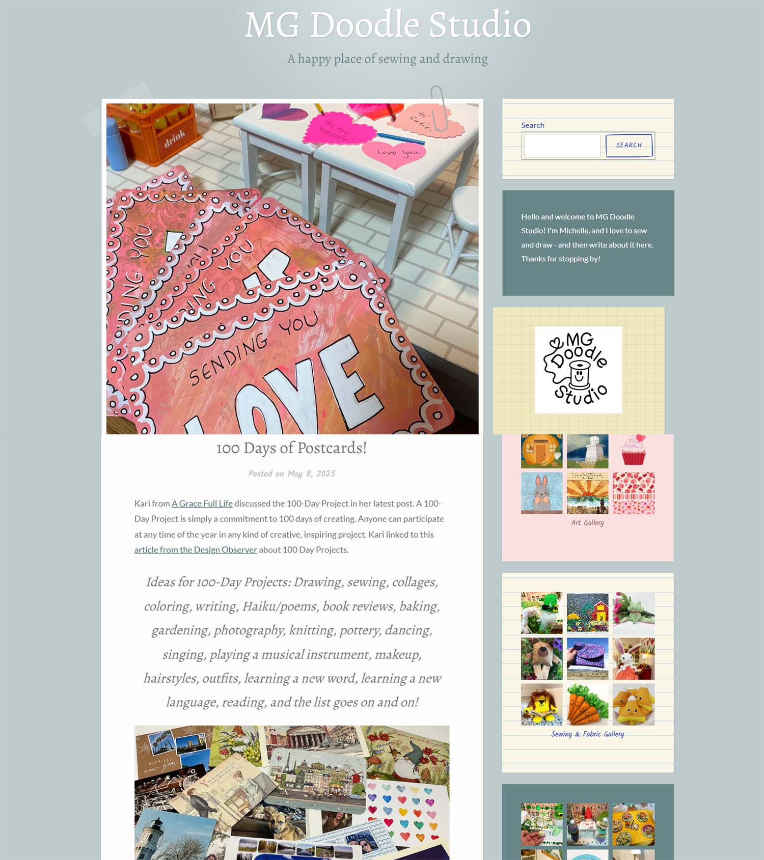 Screen grab from Michelle Goggins MG Doodle studio writes about 100 days of postcards one her blog
