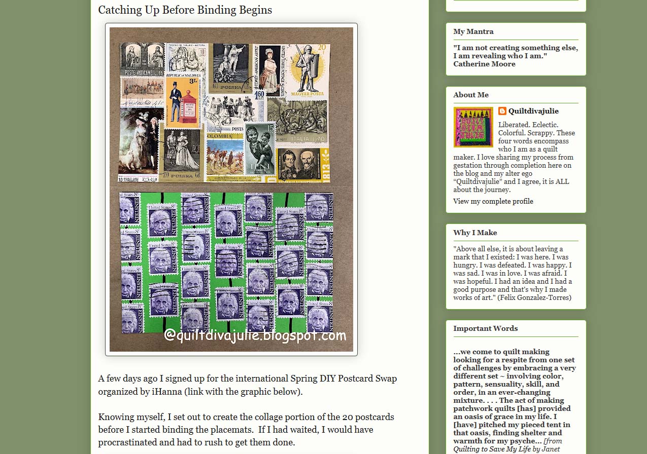 Screen grab from Julie of the Quilt Diva Julie blog april 30 2025 writing about iHannas postcard swap