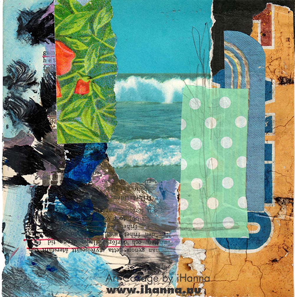 Square art collage with book page illustrations and patterned paper by iHanna for her series 365 collages in 2025 (Copyright H. Andersson)