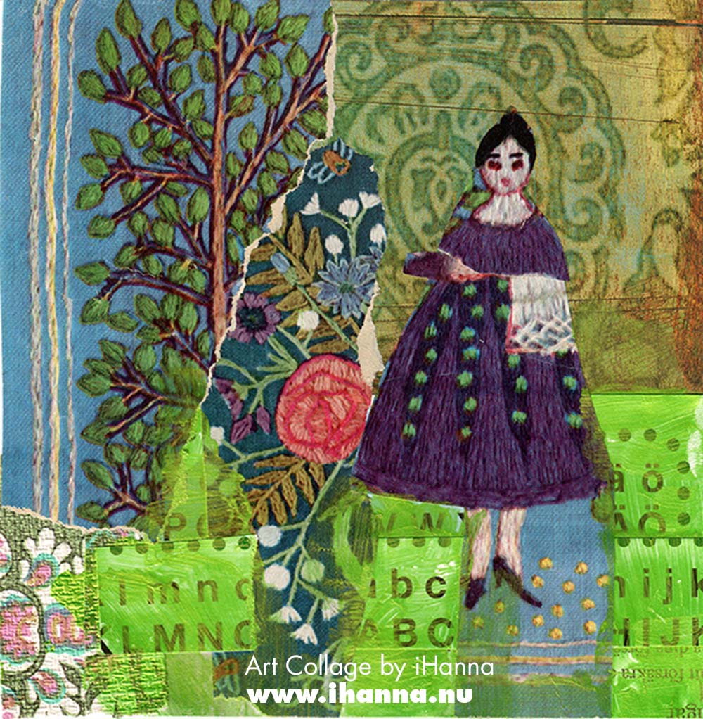 Square art collage with book page illustrations and patterned paper by iHanna for her series 365 collages in 2025 (Copyright H. Andersson)