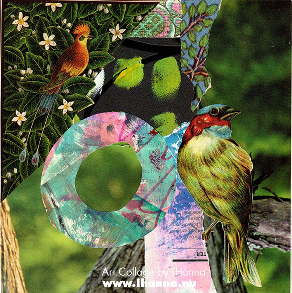 Square art collage with book page illustrations and patterned paper by iHanna for her series 365 collages in 2025 (Copyright H. Andersson)