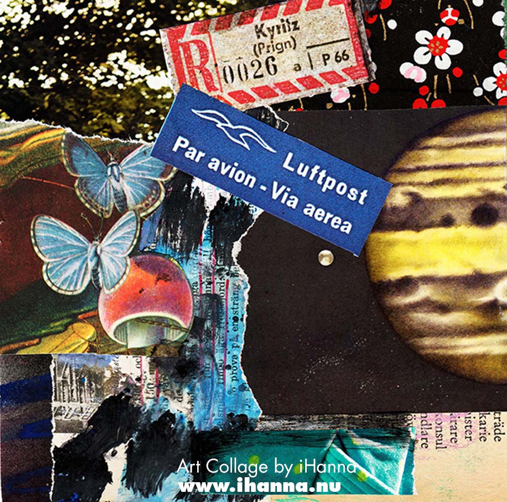 Square art collage with book page illustrations and patterned paper by iHanna for her series 365 collages in 2025 (Copyright H. Andersson)