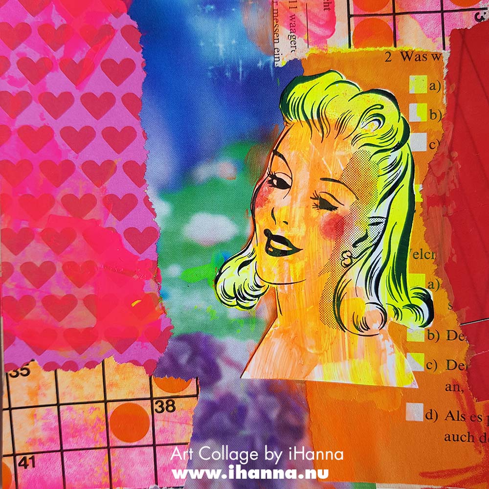 Square art collage 2025 with hearts, neon babe of the 1950s and pages from school book by iHanna (Copyright H. Andersson)