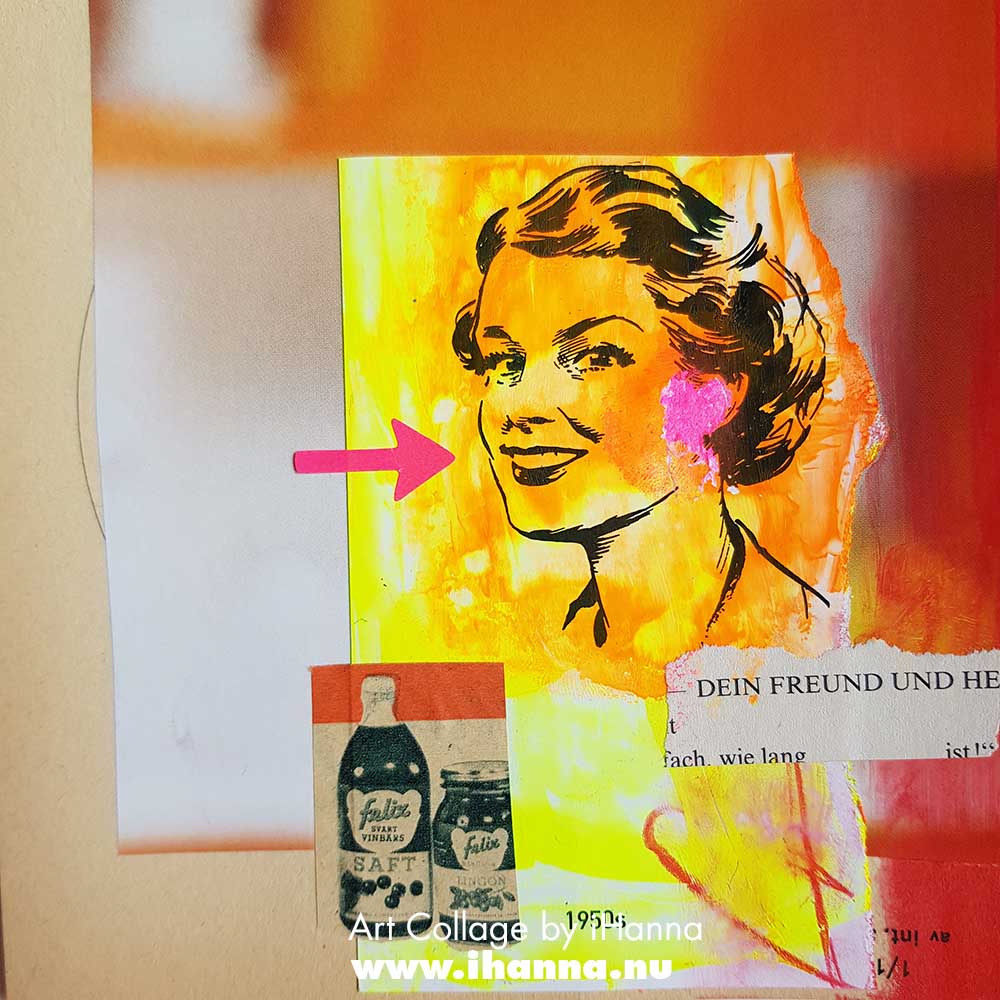 Square art collage 2025 titled Dein Freund Heute with neon pink arrow and happy smiling lady by iHanna (Copyright H. Andersson)