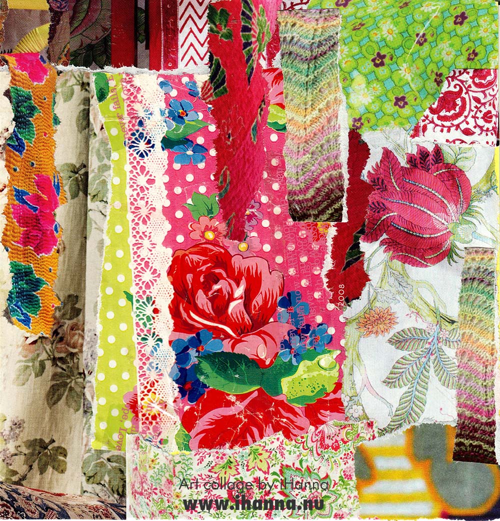 Square art collage made from magazine photo scraps of different patterns and fabrics made by iHanna for 365 collages in 2025 (Copyright H. Andersson)