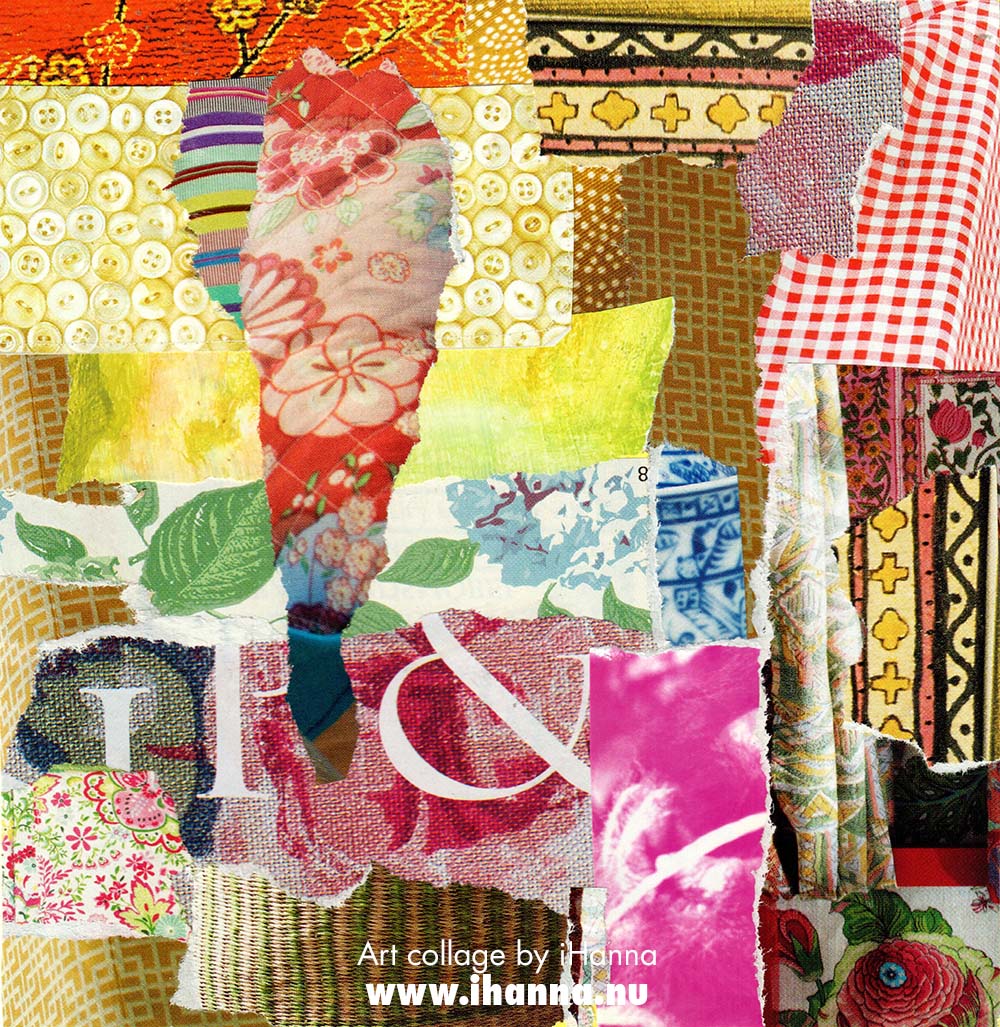 Square art collage made from magazine photo scraps of different patterns and fabrics made by iHanna for 365 collages in 2025 (Copyright H. Andersson)