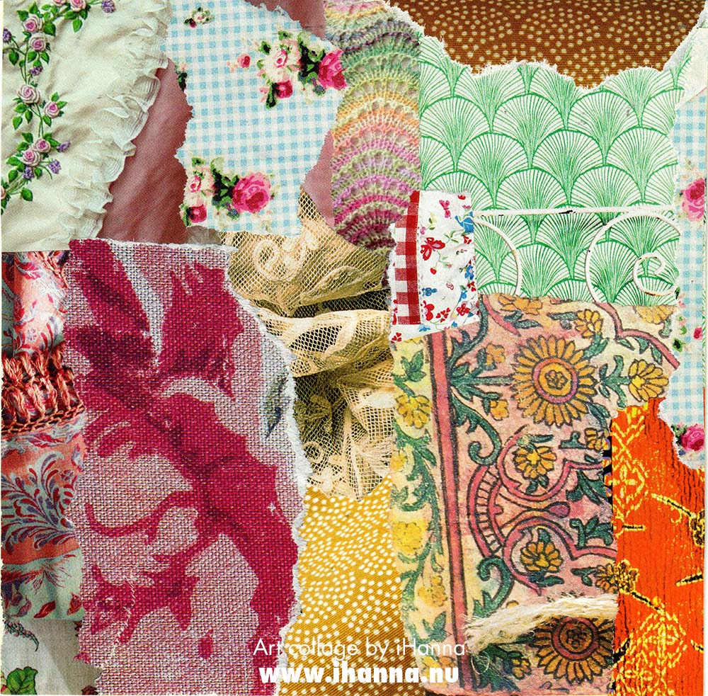 Square art collage made from magazine photo scraps of different patterns and fabrics made by iHanna for 365 collages in 2025 (Copyright H. Andersson)