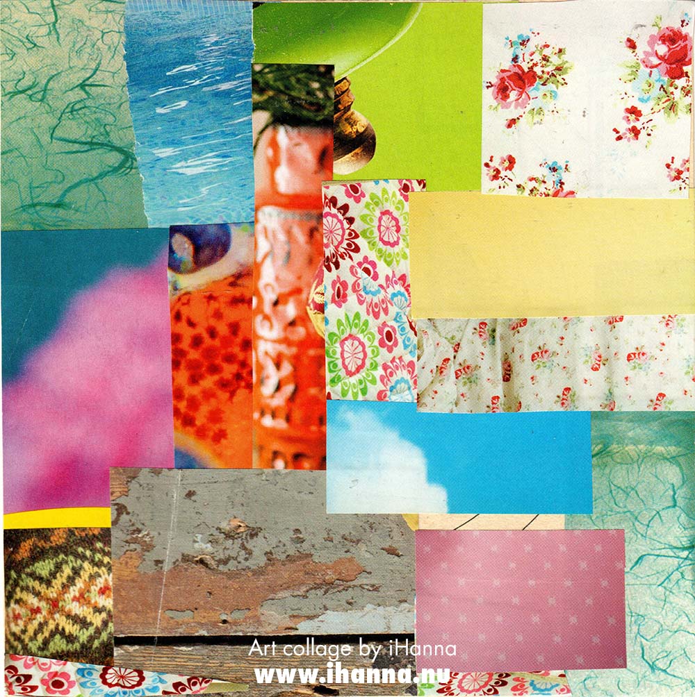 Square art collage made from magazine photo scraps of different patterns and fabrics on the theme over over-consumption, by iHanna for 365 collages in 2025 (Copyright H. Andersson)