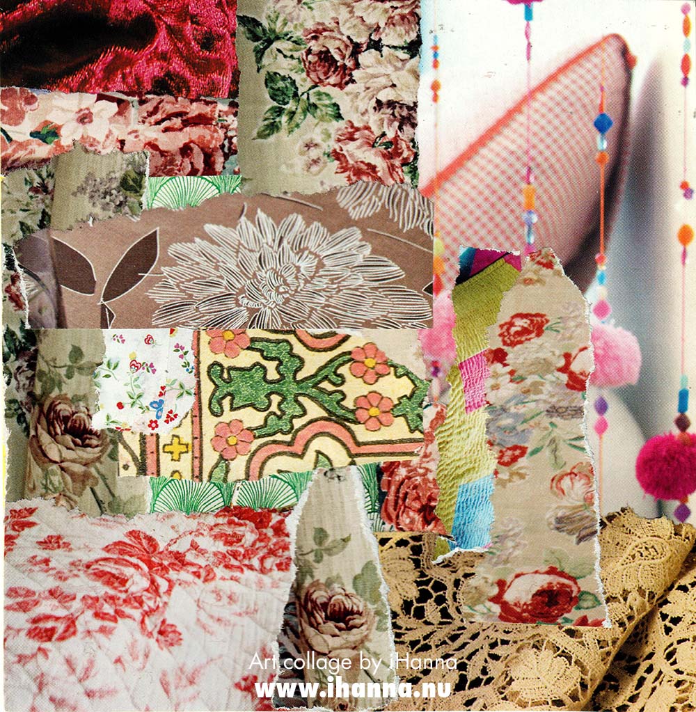 Square art collage made from magazine photo scraps of different patterns and fabrics made by iHanna for 365 collages in 2025 (Copyright H. Andersson)