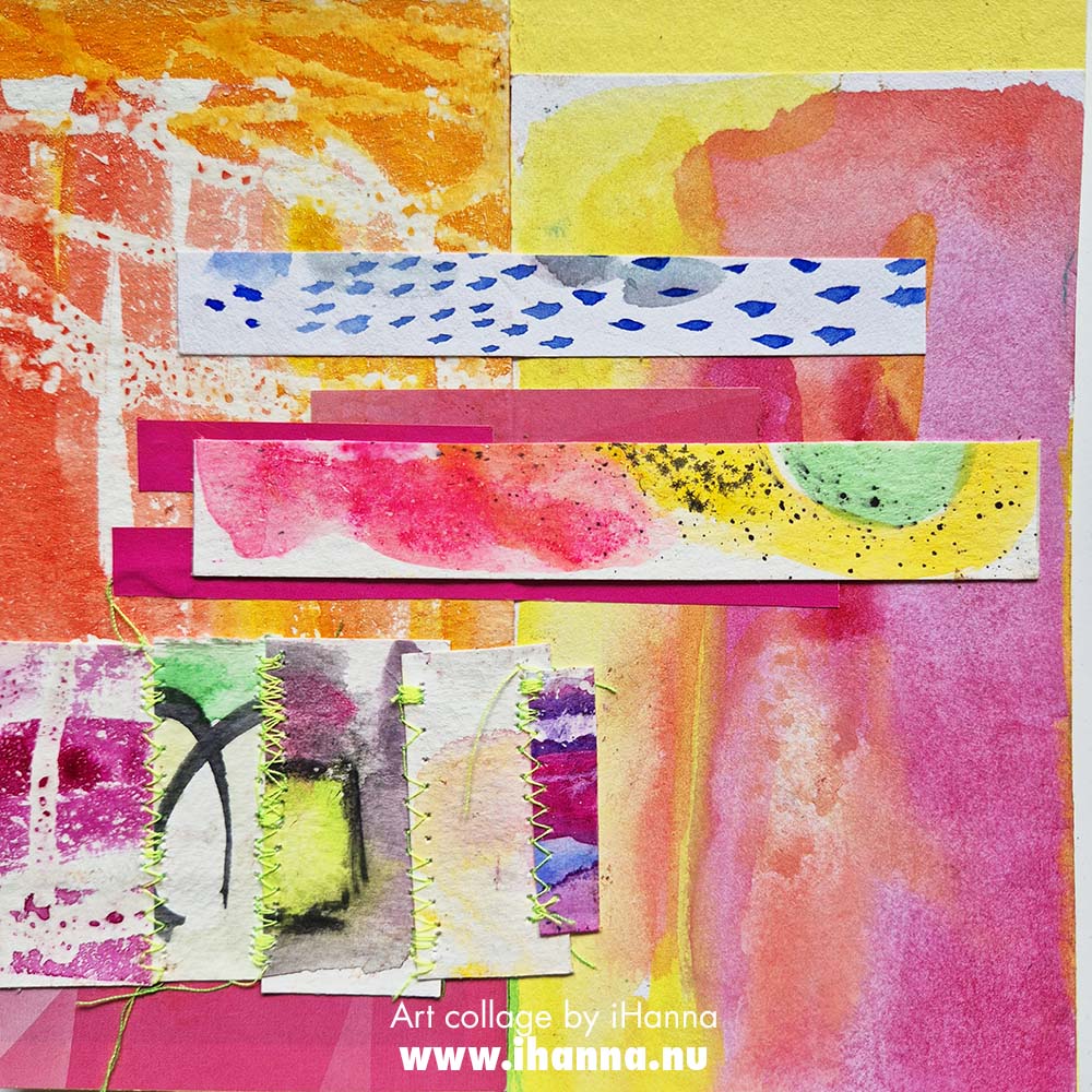 Square collage with sewn details in neon colors by iHanna, collage number 155 Cotton Candy Collage in 2025 (Copyright H. Andersson)
