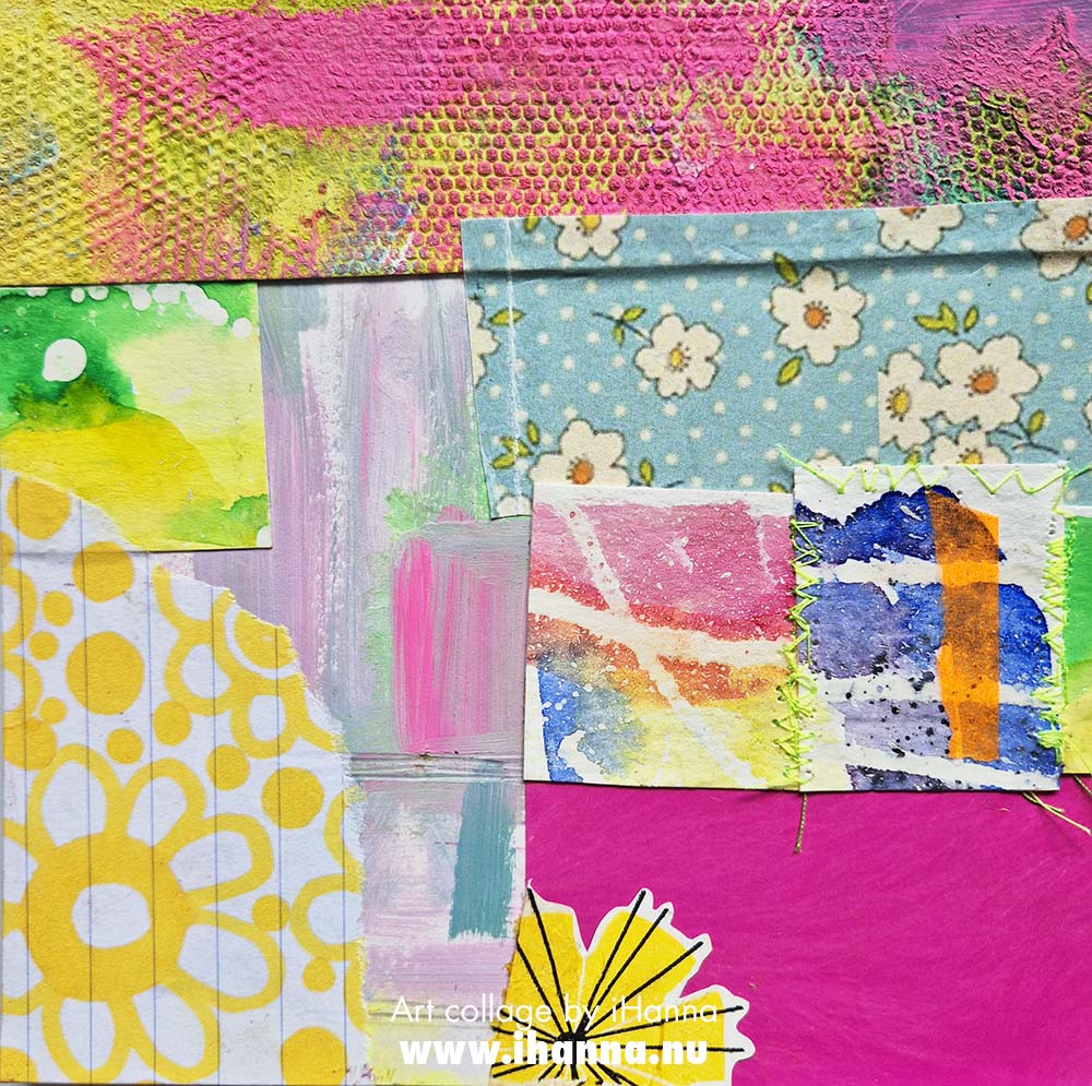 Square collage with sewn details in neon colors by iHanna, collage number 156. Mixed Goods in 2025 (Copyright H. Andersson)