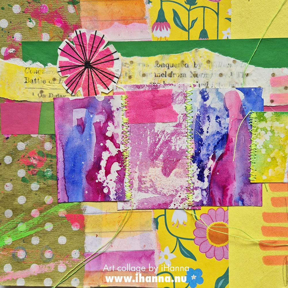 Square collage with sewn details in neon colors by iHanna, collage number 157. Merci beaucoup in 2025 (Copyright H. Andersson)