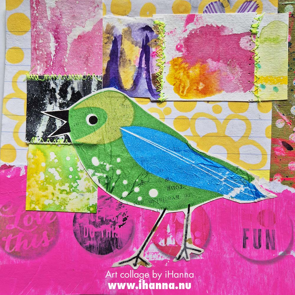 Square collage with sewn details in neon colors by iHanna, collage number 158 Top o the Morning in 2025 (Copyright H. Andersson)