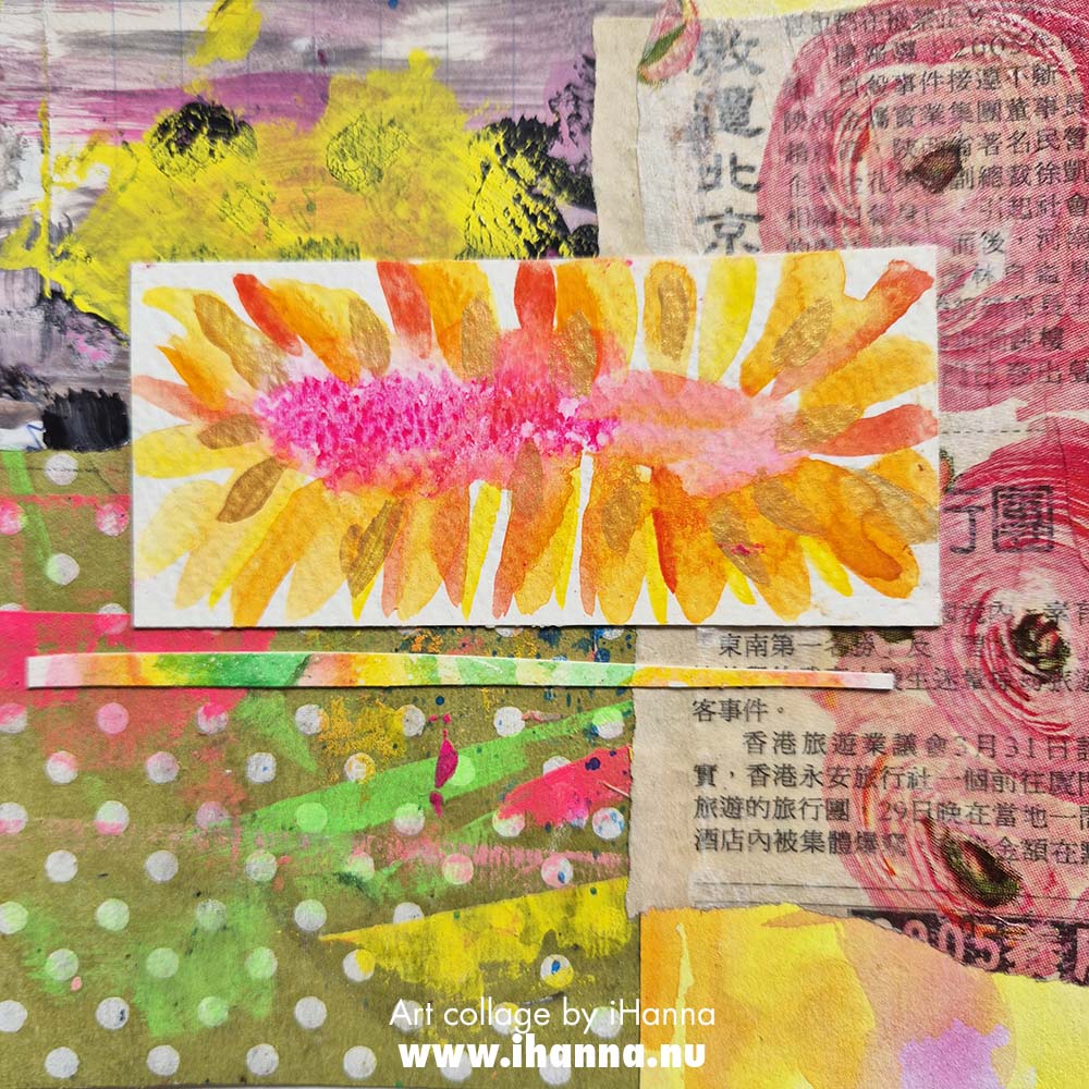 Square collage with sewn details in neon colors by iHanna, collage number 159 Sunny Rise - in 2025 (Copyright H. Andersson)