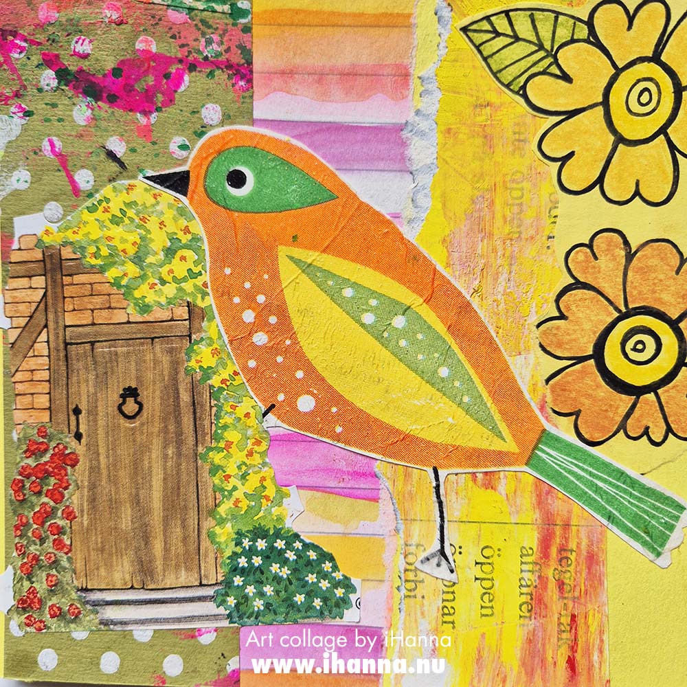 Square collage with sewn details in neon colors by iHanna, collage number 160. Golden Morning - in 2025 (Copyright H. Andersson)