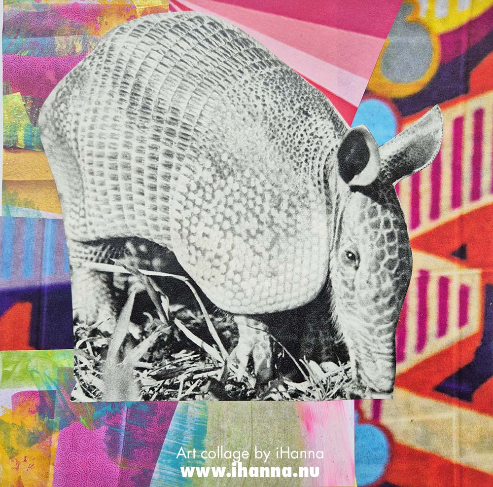 Armadillo boy in square art collage by iHanna in the Series 365 collages 2025 (Copyright H. Andersson)