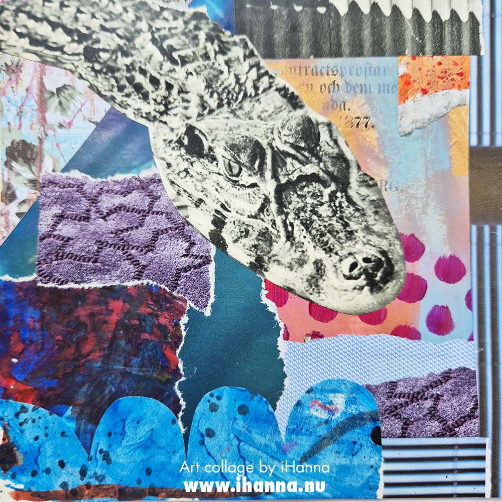 Looming crocodile in a square art collage by iHanna in the Series 365 collages 2025 (Copyright H. Andersson)