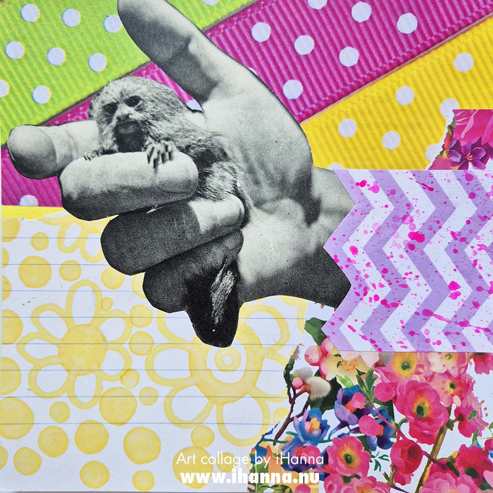 Hand with tiny monkey in square art collage by iHanna in the Series 365 collages 2025 (Copyright H. Andersson)