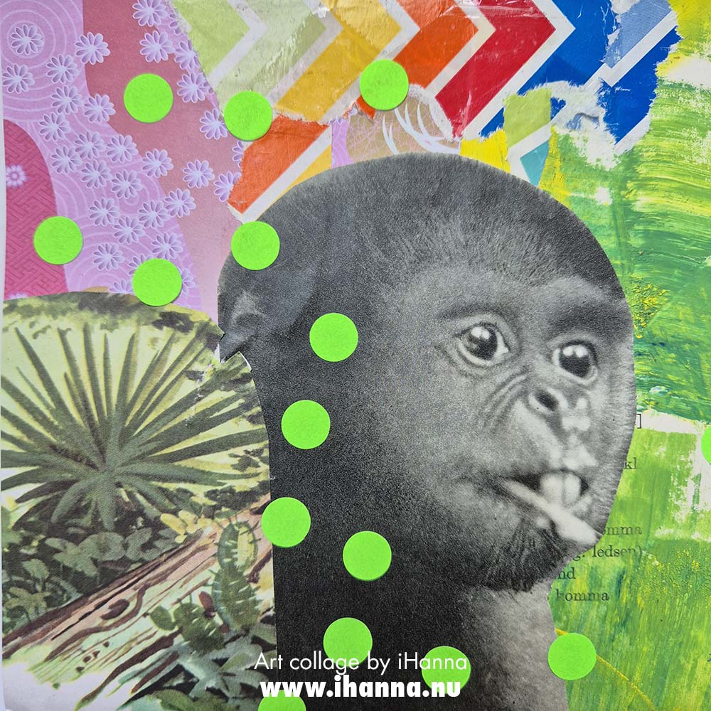 Mischievous monkey boy Square art collage by iHanna in the Series 365 collages 2025 (Copyright H. Andersson)