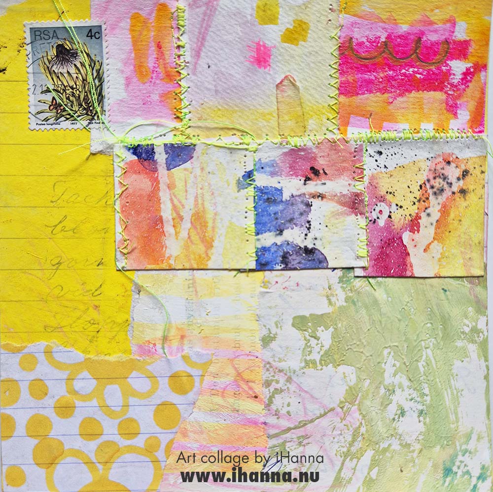 Square collage with sewn details in neon colors by iHanna, collage number 161. Sugarbush - in 2025 (Copyright H. Andersson)