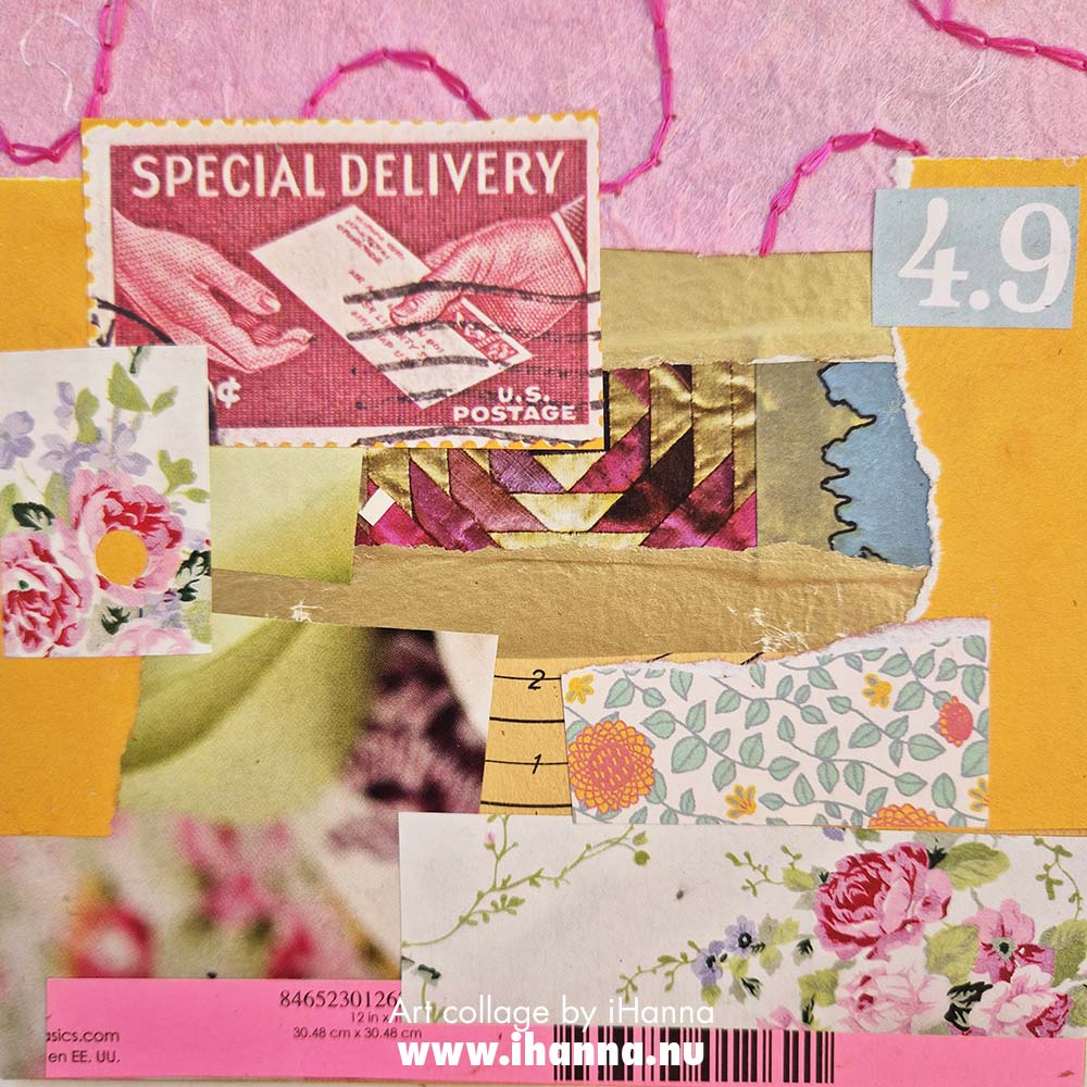 Square art collage by iHanna 2025 titled Special delivery (Copyright H. Andersson)