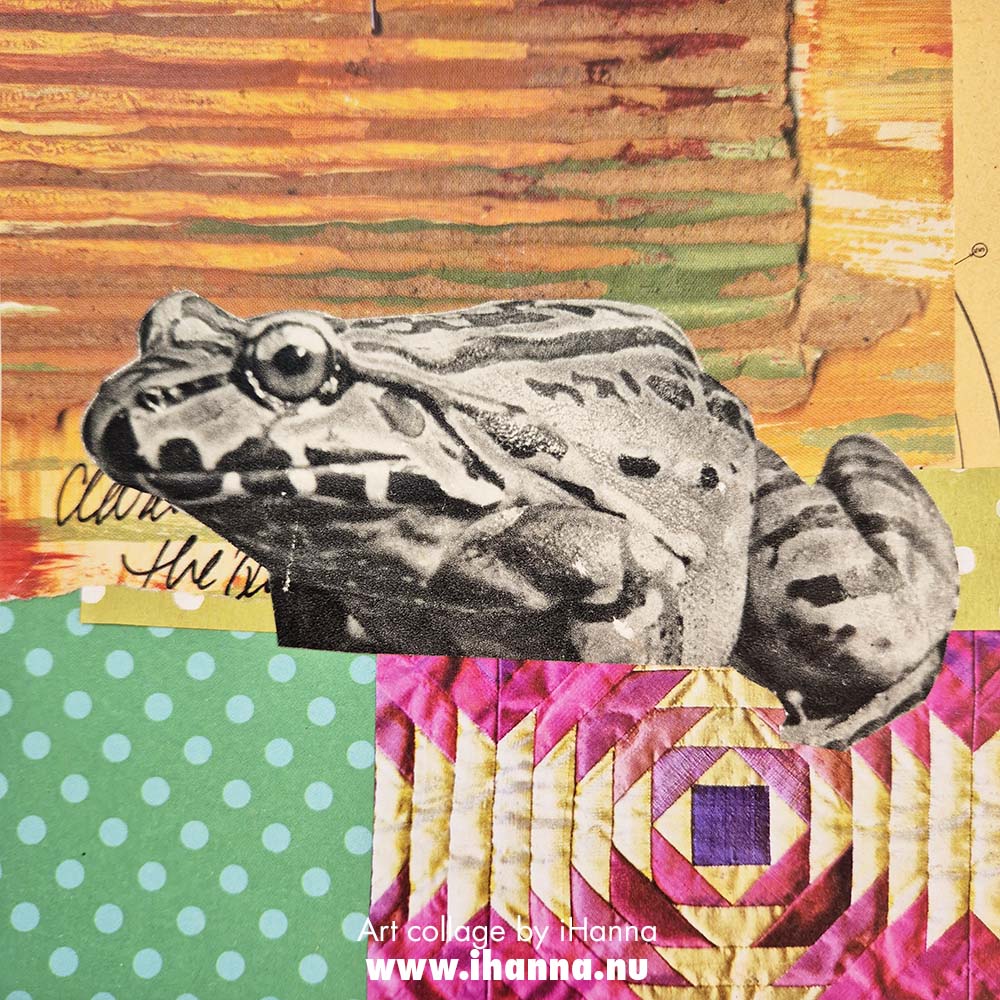 Square art collage with b/w frog image, art by iHanna 2025 titled Not a Sound Please (Copyright H. Andersson)