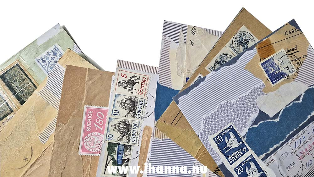 Postal Bliss collage pile on my desk for 365 Collages in 2025 week 34 by iHanna (Copyright H. Andersson)
