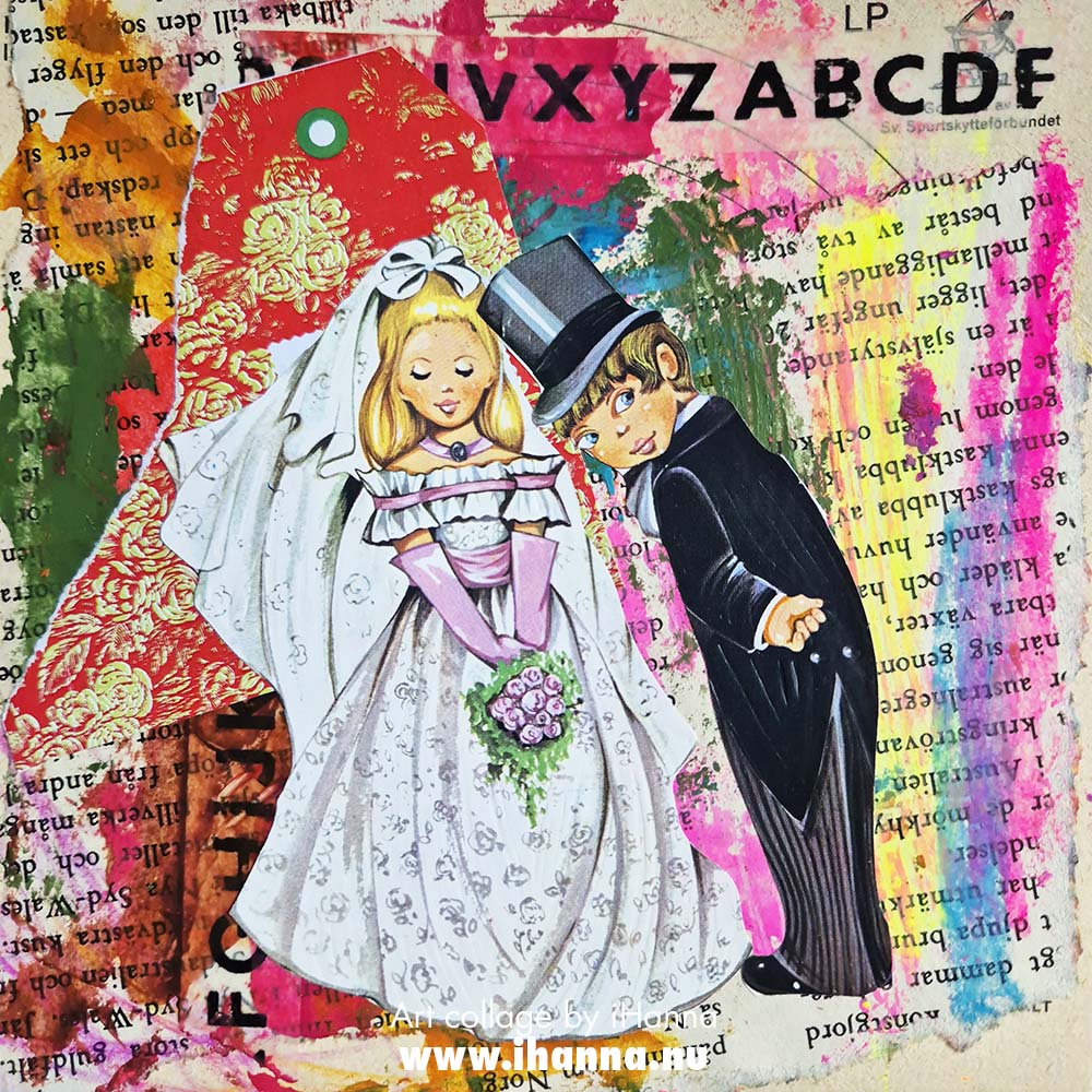 Square art collage with scrap die cut image as focal point made by iHanna (Copyright H. Andersson) 2025