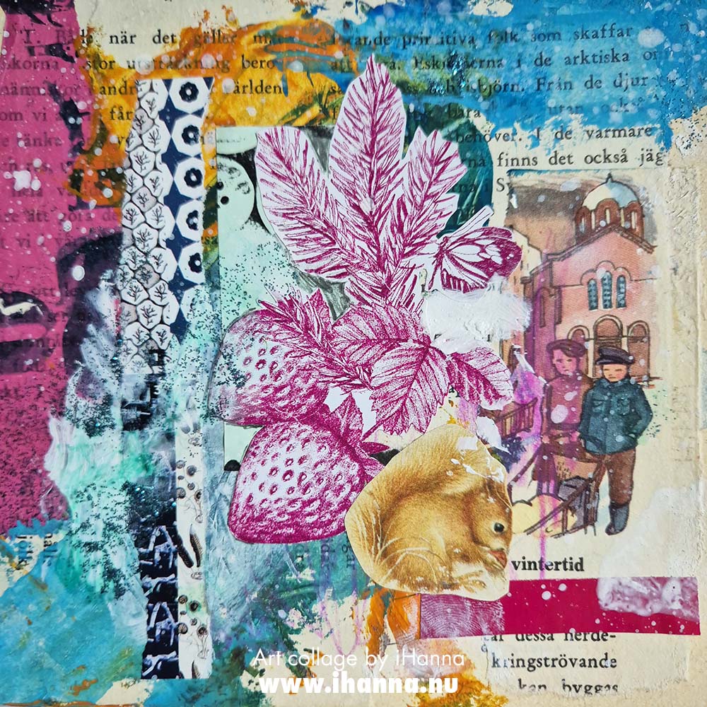 Square art collage Surviving yet another winter with scrap die cut image as focal point made by iHanna (Copyright H. Andersson) 2025