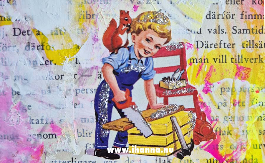 Detail of 255 Square art collage I want to be like my dad when I grow up with scrap die cut image as focal point made by iHanna (Copyright H. Andersson) 2025