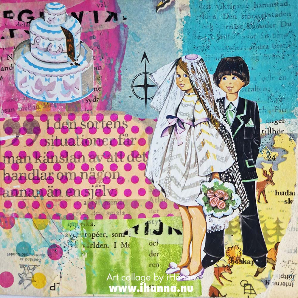 Square art collage Gender Reval Party with scrap die cut image as focal point made by iHanna (Copyright H. Andersson) 2025