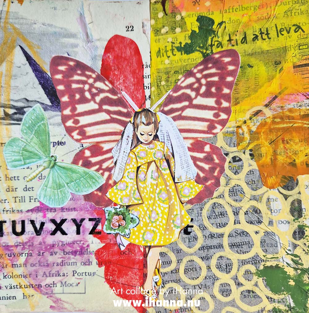 Square art collage Anti-social Butterfly with scrap die cut image as focal point made by iHanna (Copyright H. Andersson) 2025